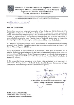 Podziękowanie Komendantowi Centrum Szkolenia Straży Granicznej